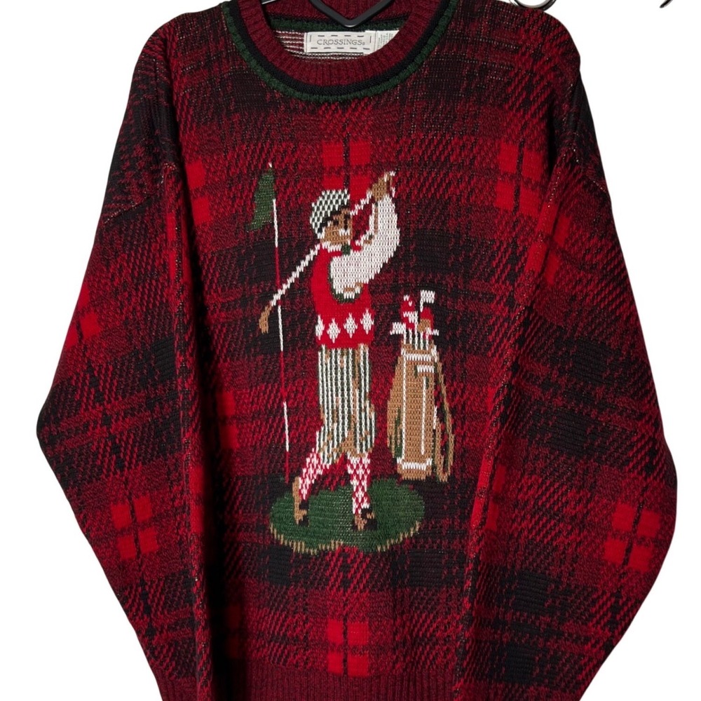 Crossings Christmas Men's Plaid Golf Fair SweaterXLRed Black Green Knit Crew‎